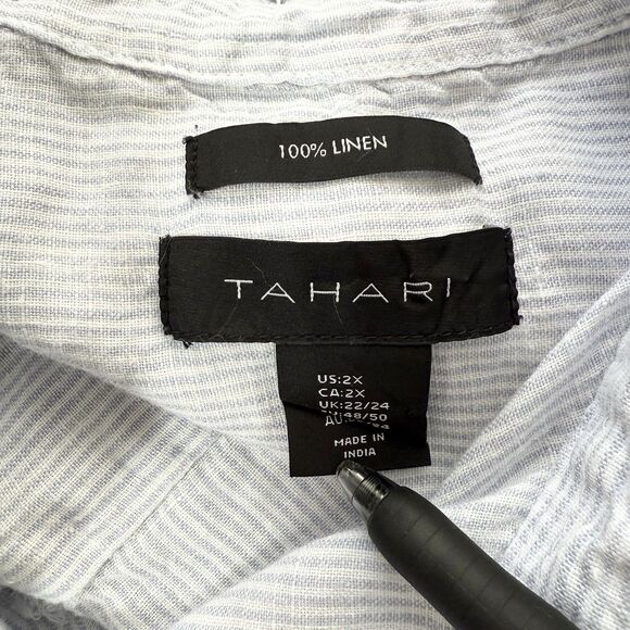 TAHARI Dress 2X 100% Linen Pinstripes Sleeveless Shift Mini Popover White Blue - Picture 7 of 11